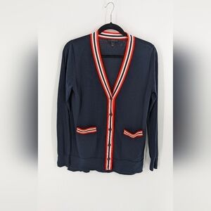 J Crew Navy Neon Stripe Cotton Blend  Lightweight Cardigan Size S